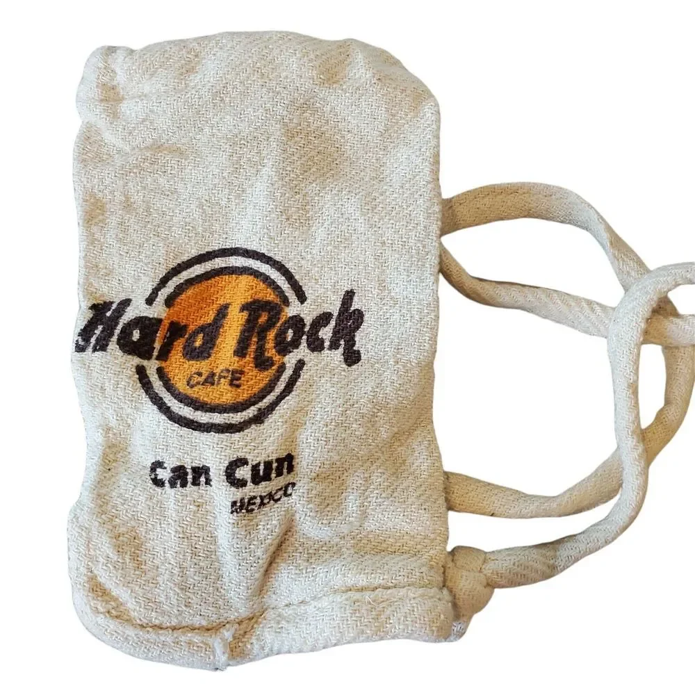 Hard Rock‎ Cafe Cancun Drawstring Mini Backpack Burlap RARE FIND Beige 11x7